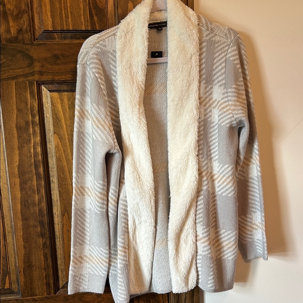 Adrienne Vittadini Plaid Open-Front Cardigan - Cream and Gray - Picture 1 of 7